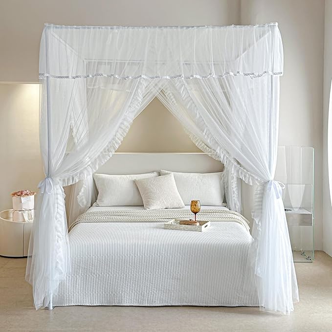 AIKASY 4 Corners Post Ruffle Princess Bed Canopy Curtain - Double Layer Cozy Drape Netting with 4 Openings - Elegant Mosquito Net for Girls and Adults Bedroom Decoration (White, Twin)