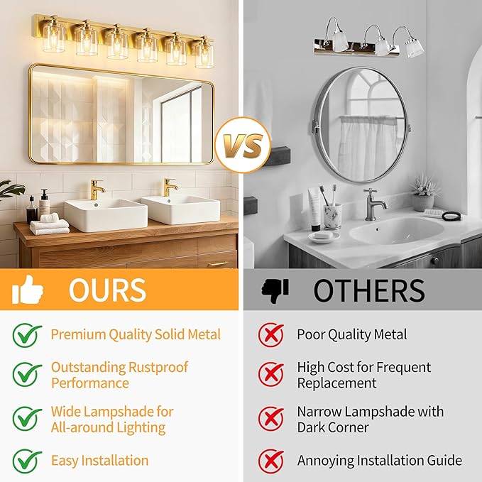 6 Light Modern Bathroom Light Fixtures Over Mirror, Brass Finish Vanity Lights for Bathroom Wall Sconces with Clear Glass Shades, E26 Socket (Bulbs Not Included)