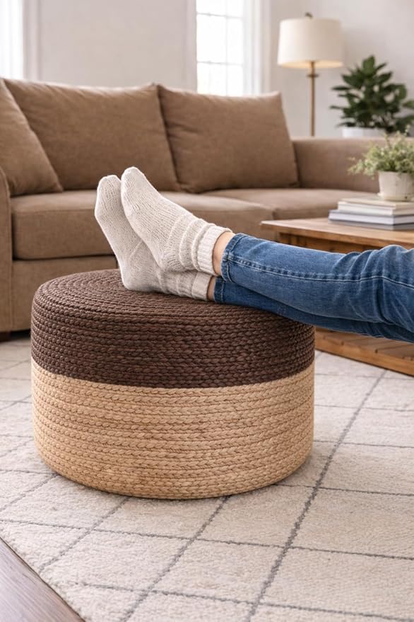 Jute Pouf Ottoman | Footrest Pouf | Hand Braided - Round Boho Pouffe - for Living Room, Bedroom, Nursery (18"x18"x12") Brown
