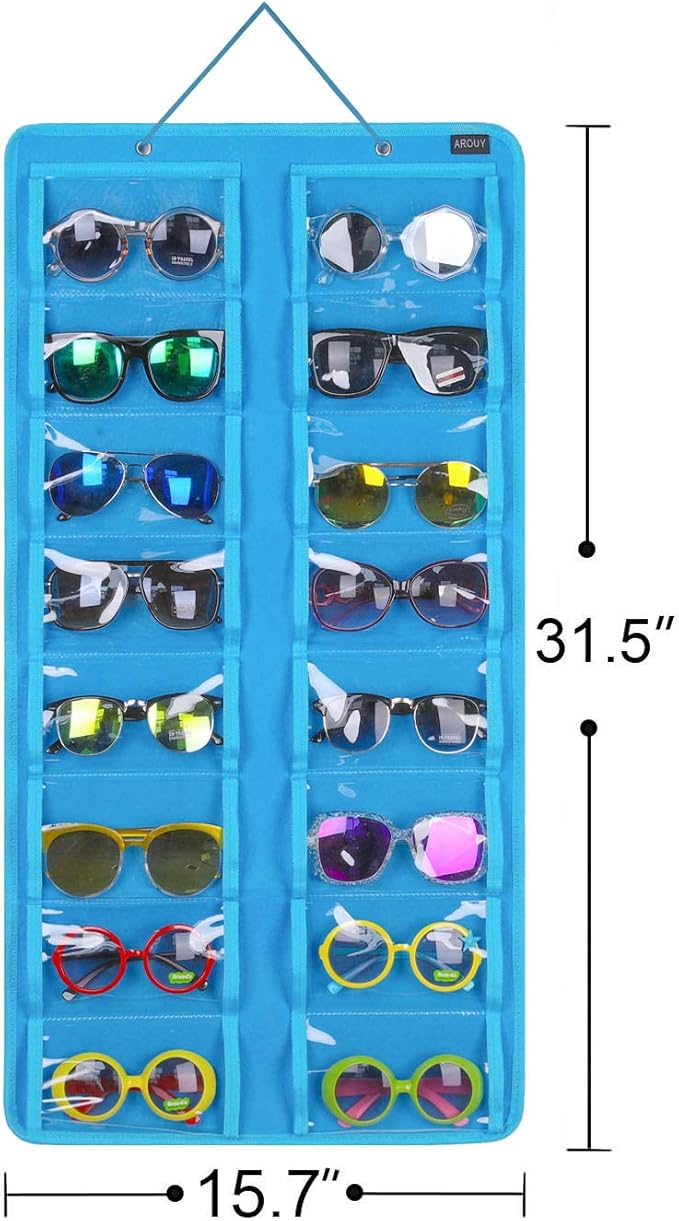 AROUY Sunglasses Organizer Storage, Hanging Dust Proof Wall Pocket Glasses Organizer - 16 Felt Slots Sunglass Organizers Holder with Metal Hook and Sturdy Rope (Dust Proof, Light Blue)