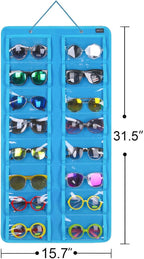 AROUY Sunglasses Organizer Storage, Hanging Dust Proof Wall Pocket Glasses Organizer - 16 Felt Slots Sunglass Organizers Holder with Metal Hook and Sturdy Rope (Dust Proof, Light Blue)