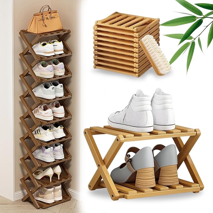 DDRIC 9-Tier No-Assembly Bamboo Rack, 2026 Upgraded Foldable Corner Shoe Rack, Space-Saving Organizer for Shoes, No-Tool Narrow Shelf for Entryway Closet Dorm (Nuture,2-Tier)