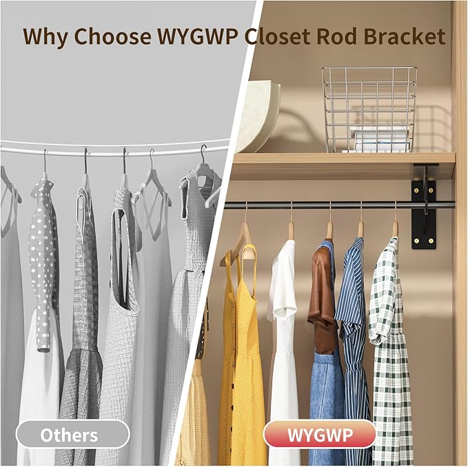Closet Rod Brackets Heavy Duty Support 400 lbs WYGWP 10 inch Wall Mounted Closet Shelf Brackets with Rod Holder for Home and Closet Decor (4pack Black)