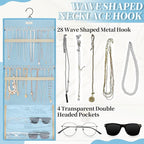 GMAK Hanging Jewelry Organizer with Hanger Metal Hooks, Double-Sided Jewelry Holder Accessories Organizer Storage Roll for Jewelry, Earrings, Bracelets, Necklaces, Rings - Light Blue
