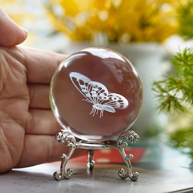 HDCRYSTALGIFTS 3D Laser Butterfly Crystal Ball Paperweight Glass Sphere Figurines Decorative Balls Gift (60mm)