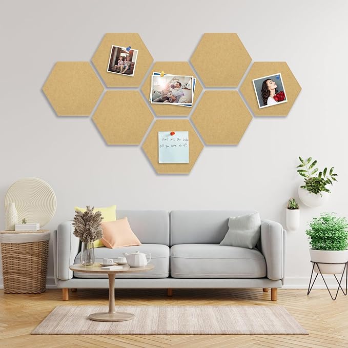 8 Packs Brown Hexagon Felt Pin Board, 12" Bulletin Board with 30 Push Pins, Felt Board for Home Kitchen Office Decor, Self-Adhesive Corkboard Tiles for Walls School Message Photos Memos