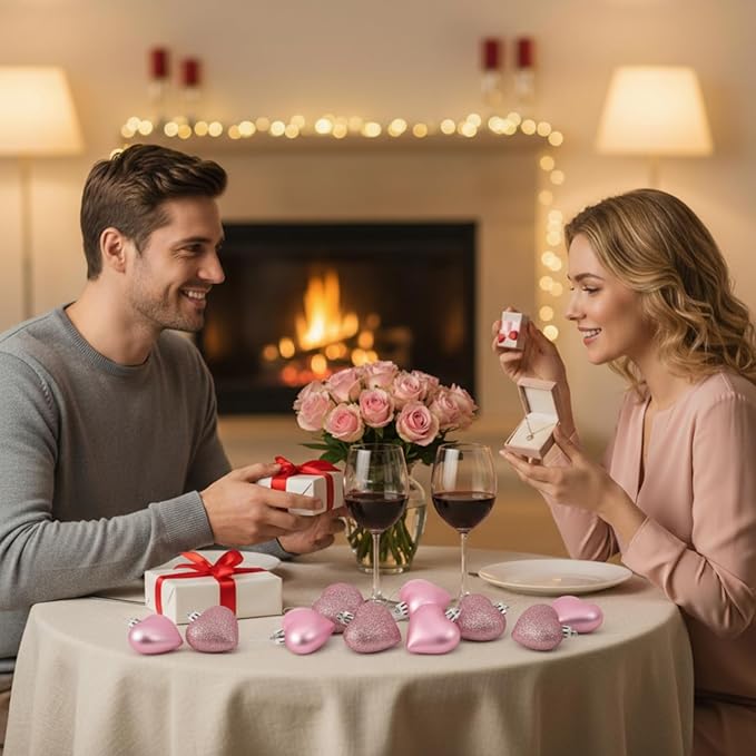Skylety 30 Pieces Valentine's Day Heart Ornaments, Heart Shaped Decorations Tree Hanging Baubles for Valentine Wedding Anniversary, 3 Styles 2 Size (Pink)