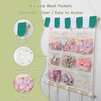 New Upgraded Bow Holder Headband Organizer w/ 9 Mesh Pockets, Large Capacity Hair Bow Organizer for Girls, Wall Hair Accessory Organizer for Nursery Room Decor(32x15inch,Beige Green)