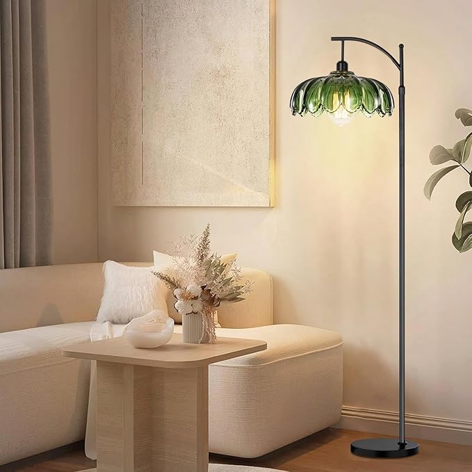 Glass Floor Lamp for Living Room,Bedroom,Gold Dimmable Standing Lamp with Remote,Mid Century Modern Brass Tall Lamp Boho Vintage Retro Floor Lamps Arc Green Flower Floor Light Lamp Bohemian