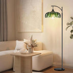 Glass Floor Lamp for Living Room,Bedroom,Gold Dimmable Standing Lamp with Remote,Mid Century Modern Brass Tall Lamp Boho Vintage Retro Floor Lamps Arc Green Flower Floor Light Lamp Bohemian