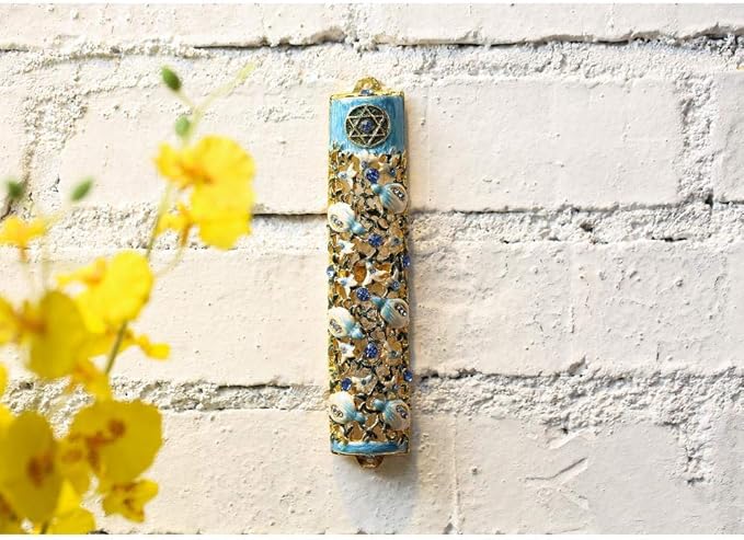 Matashi 3.5" Hand Painted Mezuzah with Scroll - Embellished with Ivy and Flowers Design, Blue Crystals - Jewish Holiday Housewarming Gift and Blessing for Christmas Holiday, Festival
