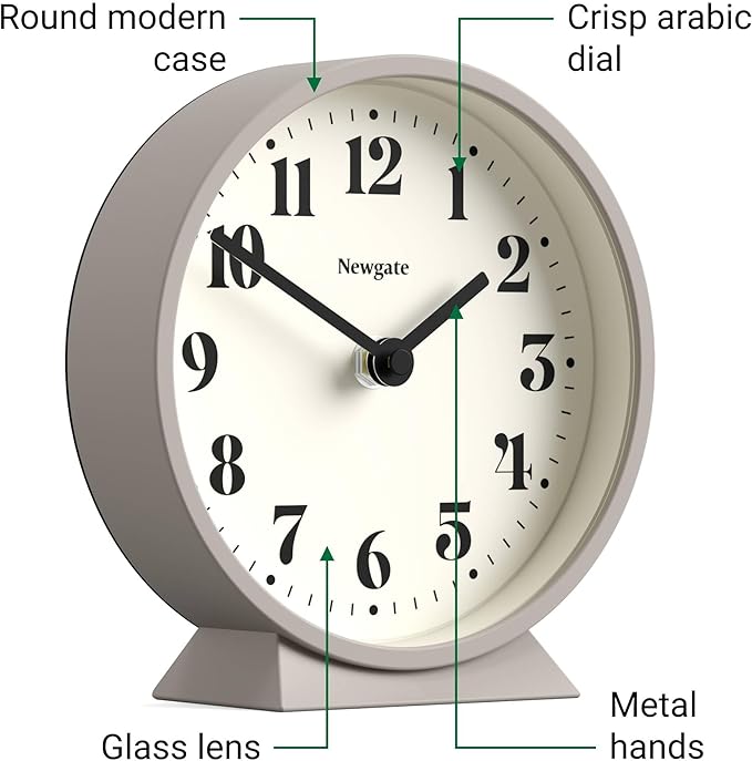 NEWGATE® Theatre Mantel Clock | Modern Classic Round Design | Stone | Contemporary Style for Desk, Table, Shelf or Bedside