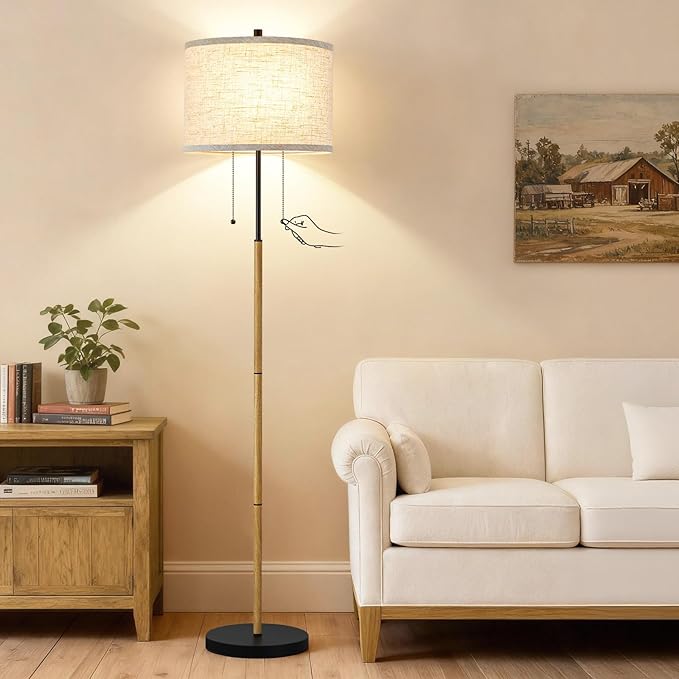 Luvkczc Floor Lamp, 60" Standing Lamp Tall Lamp with Fabric Lampshade&Pull Chain Corner Floor Lamps for Living Room, Bedroom,Office Corner (Wood Grain 2 Bulb Socket)