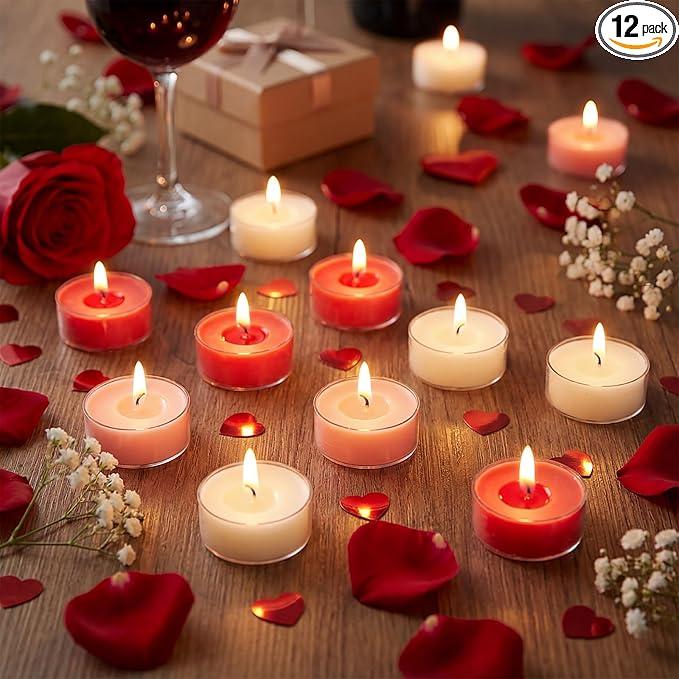 Honoson 12 Pack Valentine's Day Tea Lights Candles Tea Light Natural Wax Scented 6 Scents Conversation Candle for Spring Easter Wedding Engagement Gift Anniversary Summer Home Decor(White, Pink, Red)