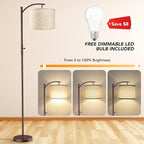 ROTTOGOON Dimmable Floor Lamp, Arc Floor Lamps for Living Room, Stepless Dimming Modern Standing Lamp with Linen Shade, Tall Lamp for Bedroom Office Dining Room- Brown