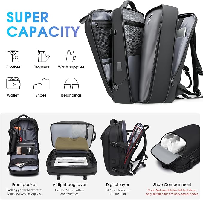 Vacuum Seal Travel Backpack, Expandable Vacpack Backpack with Vaccum Compression System, Water Ressistant 17.3 Inch Laptop Backpack with USB Charging Port-Vacuum Pump Included
