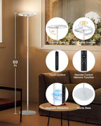 White Floor Lamp, Modern Stepless Dimmable Standing Lamp 3000-6000K, 20W LED Rotatable Reading Tall Lamp, Touch & Remote Control Uplighter Floor Lamps for Living Room Bedroom Office