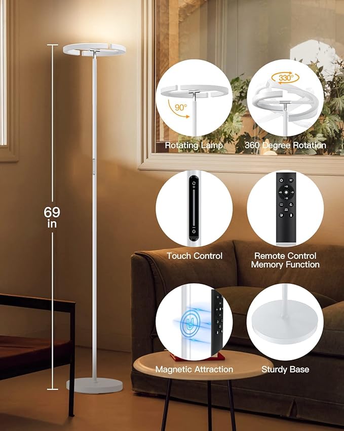 White Floor Lamp, Modern Stepless Dimmable Standing Lamp 3000-6000K, 20W LED Rotatable Reading Tall Lamp, Touch & Remote Control Uplighter Floor Lamps for Living Room Bedroom Office