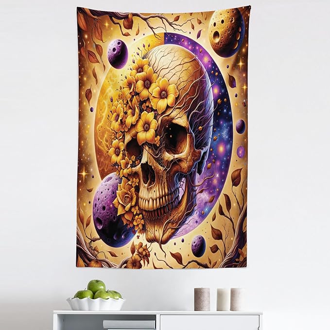 Ambesonne Trippy Tapestry, Neo Traditional Floral Ornate Skull with Earthy Leaves Space Scenario, Fabric Wall Hanging Decor for Bedroom Living Room Dorm, 30" X 45", Apricot Blue Violet Taupe