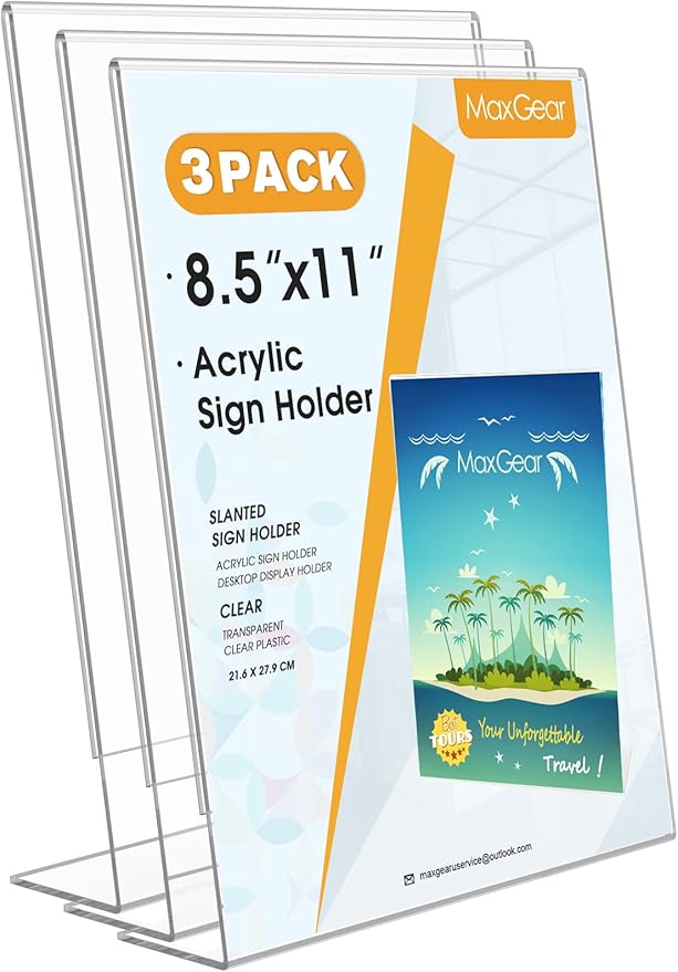 MaxGear Acrylic Sign Holder, Clear Sign Holders Plastic Display Stand 8.5 x 11 Inches Slant Back Countertop Display Picture Frames for Menus, Flyer, Use In Office, Store, 3 Pack