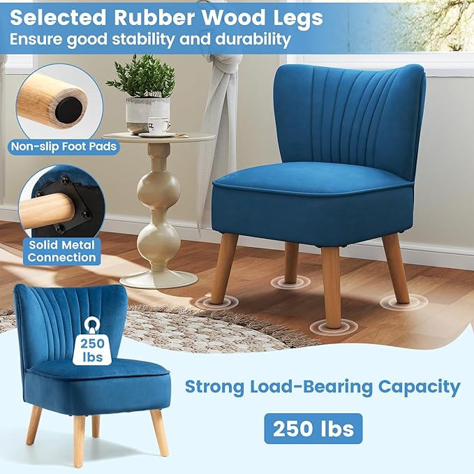 KOMFOTT Velvet Accent Chair Set of 2, Modern Armless Sofa Chair with Solid Rubber Wood Legs, Wingback Leisure Chair with Thick Cushion, Upholstered Side Chair for Living Room, Bedroom, Blue