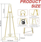 2 Pack Metal Round Tube Scroll Display Easel, Vintage Gold Decorative Large Adjustable Floor Standing Easel with Chain Support, Perfect for Showcasing Pictures, Artwork, Picture Frame Wedding Sign Etc