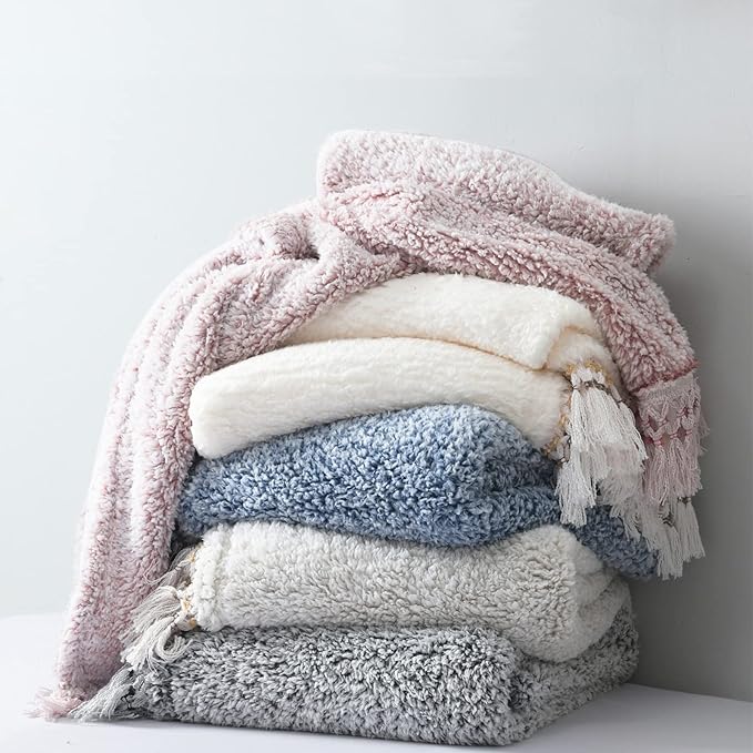Ultra Soft Fleece Sherpa Blanket King Size,Lightweight Cozy Boho Bed Blanket with Decorative Tassel, Pattern Reversible, 2 Tones Ombre Dusty Pink,104”x90”