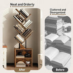 Tree Bookshelf, 6 Tier Bookcase with 2 Storage Racks, Free Standing Tall Wooden Bookcase, Floor Standing Book Shelf Organizer for Living Room, Bedroom, Study, Home Office, Rustic Brown