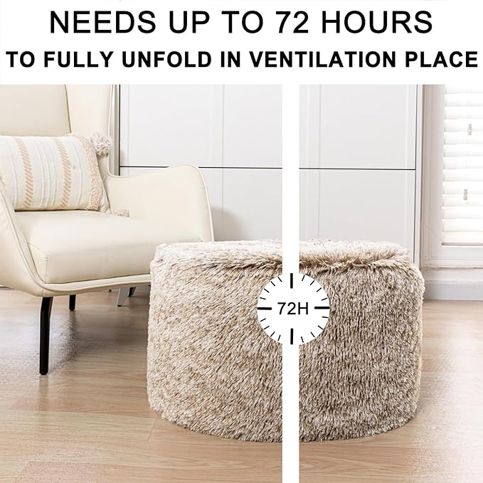 Stuffed Ottoman with Modern High Density Foam Faux Fur Pouf Stool Round Foot Stool Cushion Storage Ottoman 20 * 12''Floor Pouf Ottoman Foot Rest for Living Room (Snow Coffee)