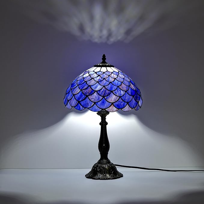 Tiffany Style Table Lamp Vintage Stained Glass Desk Lamp Deep Blue Purple Fish Scales Bedside Reading Light Decor Bedroom Living Room Home Office D12 xH18