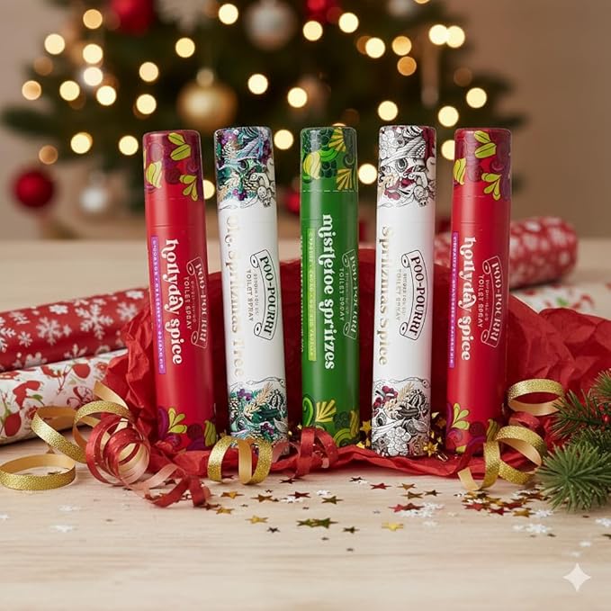 Poo-Pourri Holiday On-The-Go Travel Size, 5 pack Gift Set, Spritzmas Spice, Vanilla Bourbon, Oh Spritzmas Tree, Frosty Flush10mLs