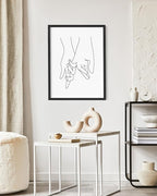 Holding Hands Wall Art Interlocking Fingers Continuous Line Drawing Love Connection 16x20 Inch Oak Wood Black Framed Modern Romance Print for Bedroom