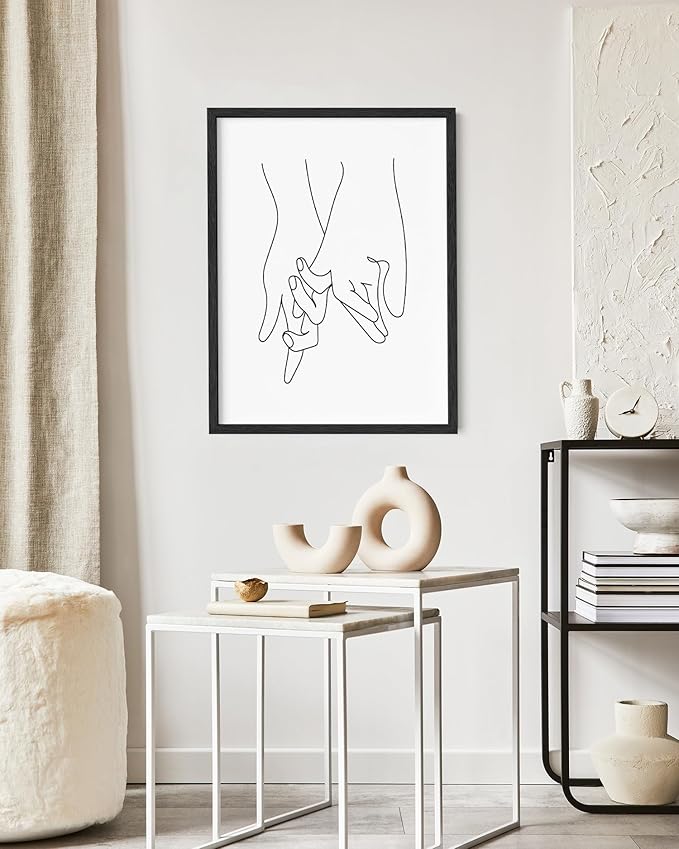 Holding Hands Wall Art Interlocking Fingers Continuous Line Drawing Love Connection 16x20 Inch Oak Wood Black Framed Modern Romance Print for Bedroom