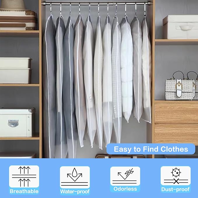 Garment Bag Covers (24''X55'' Set of 12) Lightweight White PEVA Breathable Bags with Study Full Zipper for Coat Protector Travel Laundry Wardrobe Closet