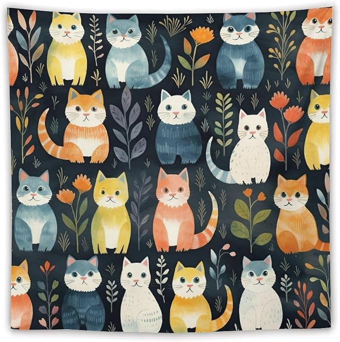 VUMIVI Cartoon Abstract Cat Tapestry Fun Cute Animals Plants Bohemian Modern Art Color Illustration Tapestry Wall Hanging for Living Room Bedroom Dorm Classroom Aesthetic Decor W60xL60in