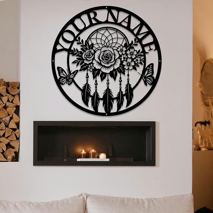 Personalized Dream Catcher Metal Wall Art - Custom Name Iron Sign for Home Decor, 8-30 Inch Black (Style K)