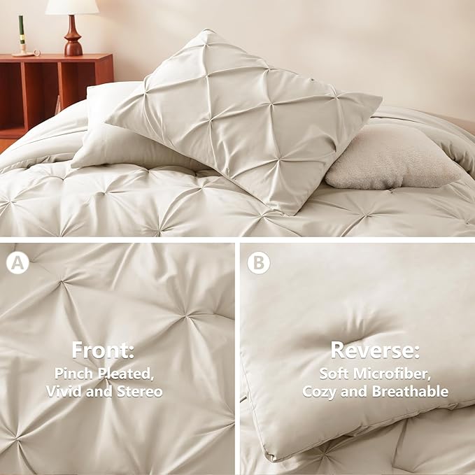 CozyLux Full Size Comforter Sets Beige, 7 Pieces Bed in A Bag Beige Comforter Full Size, Pinch Pleat Bedding Sets with All Season Comforter, Sheets, Pillowcases & Shams