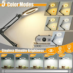 Real Glass 12X Magnifying Glass with Light and Stand (No Acrylic Lens), 2-in-1 Lighted Magnifier with Clamp, 5 Color Modes Dimmable LED Desk Lamp Hands Free for Painting Craft Sewing Hobby Close Work