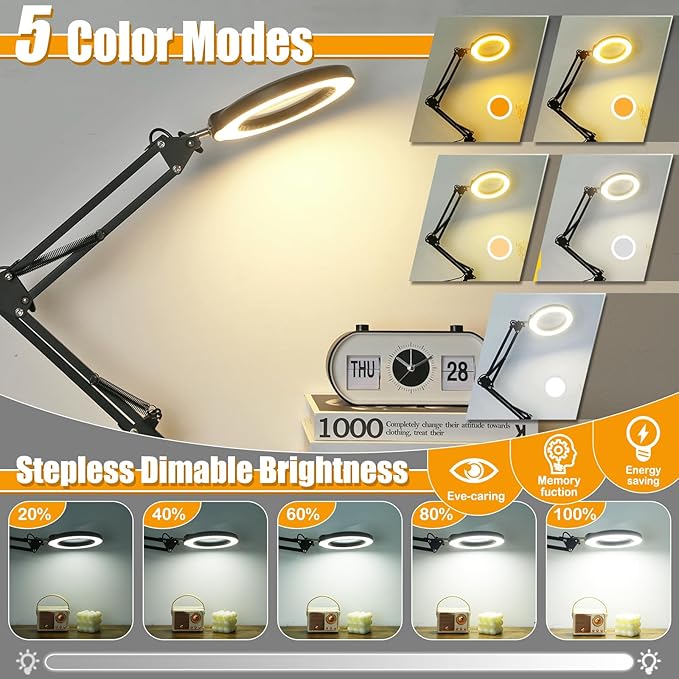 Real Glass 12X Magnifying Glass with Light and Stand (No Acrylic Lens), 2-in-1 Lighted Magnifier with Clamp, 5 Color Modes Dimmable LED Desk Lamp Hands Free for Painting Craft Sewing Hobby Close Work