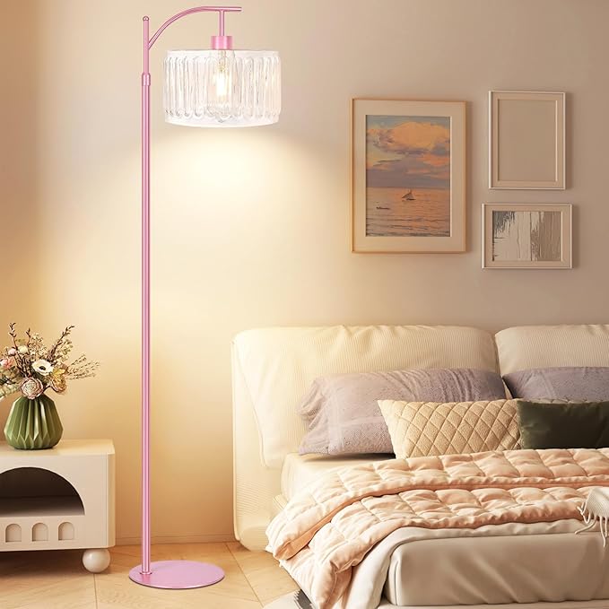 Pink Floor Lamp for Living Room,Bedroom,Gold Dimmable Standing Lamp with Remote,Mid Century Modern Brass Tall Lamp Boho Floor Lamps Arc Stained Glass Flower Floor Light Lamp Girls kids Bohemian