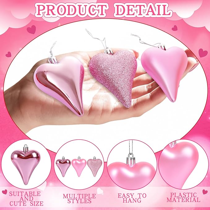 18 Pcs Valentines Tree Heart Ornaments Pink Valentines Tree Decorations, 3 Style 3.2" Valentine Hanging Ornaments for Christmas Tree Anniversary Party Decoration