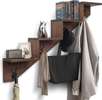 Coat Rack Wall Mount with Shelf, Brown Ladder Shelf with Hooks Underneath, Wall Mounted Rise Wooden shelves for Decorative, 4 Double Hooks for Hanging Coats, Keys, Books, Flowers, Planter, Towels