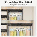 VIPEK X20 Expandable Metal Clothing Rack Adjustable from 3'3" to 4'8" Heavy Duty Garment Racks with Adjustable Shelves and Hanger Rods Portable Wardrobe Open Closet Rack System, Black