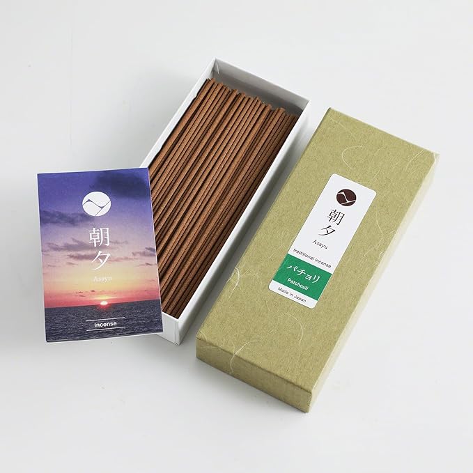 Asayu Japan Traditional Smoke Gift Set with Incense Holder and Brass Stand, Patchouli Incense Sticks with Mini Aquamarine