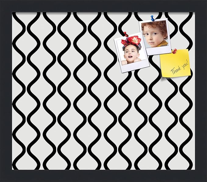PinPix 15x13 Inch Cork Bulletin Board. This Decorative Framed Pin Board Comes with Black and White Waves Design and a Satin Black Frame. Ideal for Home Office Decor or Message Board (PinPix-194)