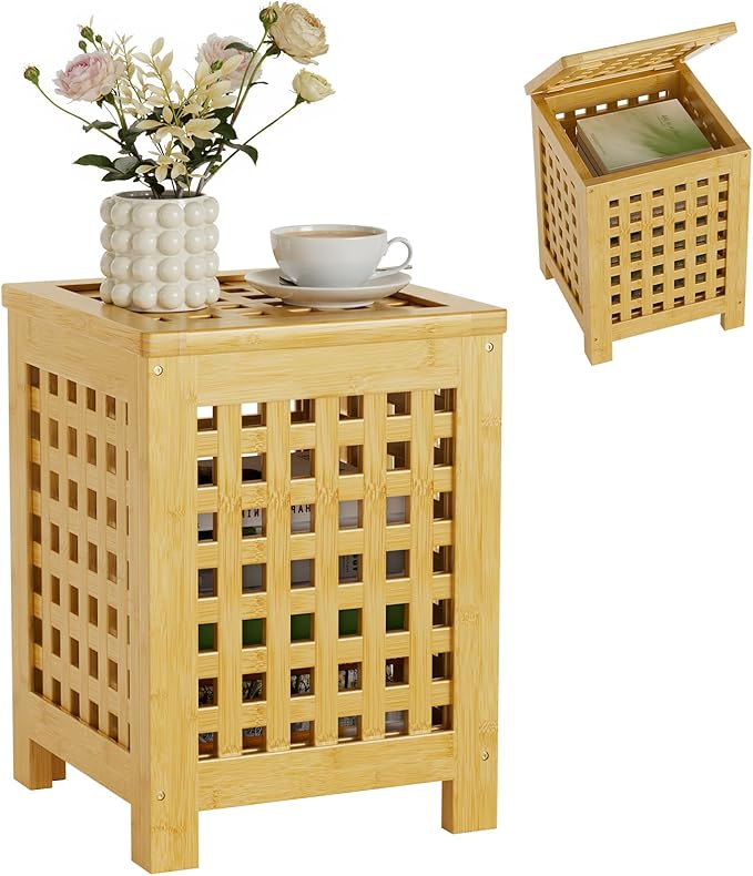 Bamboo End Table with Removable Cushion and Hidden Storage, 2-in-1 Ottoman Side Table with Breathable Grid Design for Small Space, Living Room, Bedroom, Balcony, Entryway