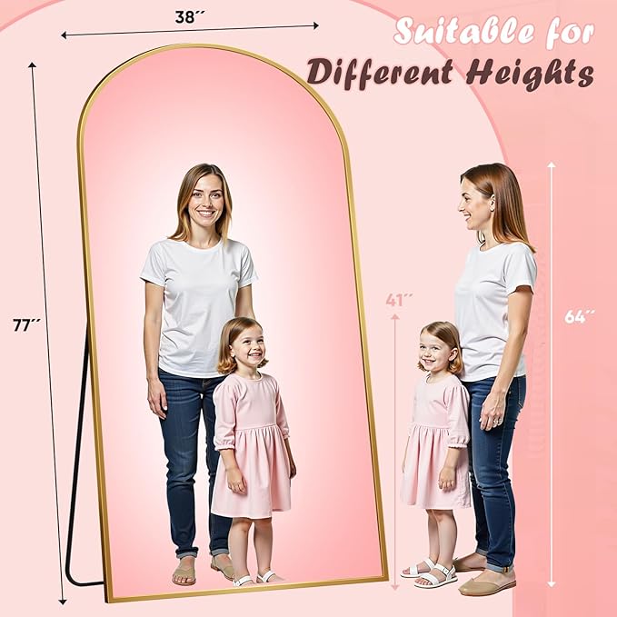 Full Length Mirror, 78" x 38" Arched Full Body Mirror Large Standing Floor Mirrors, Mirrors for Bedroom, Bathroom, Living Room Standing or Wall Leaning, Gold