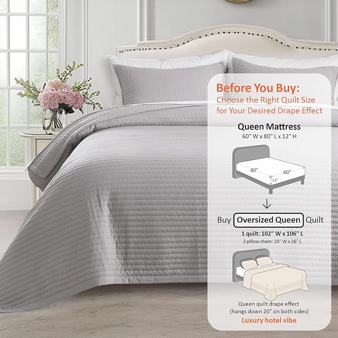 KASENTEX Oversized Queen Quilt Set 102"x106" – Soft Washed 3-Layer Lightweight Bedspread, Minimalist Nordic Design, All-Season Spring & Summer Quilt Set (1 Quilt + 2 Pillow Shams), Gull