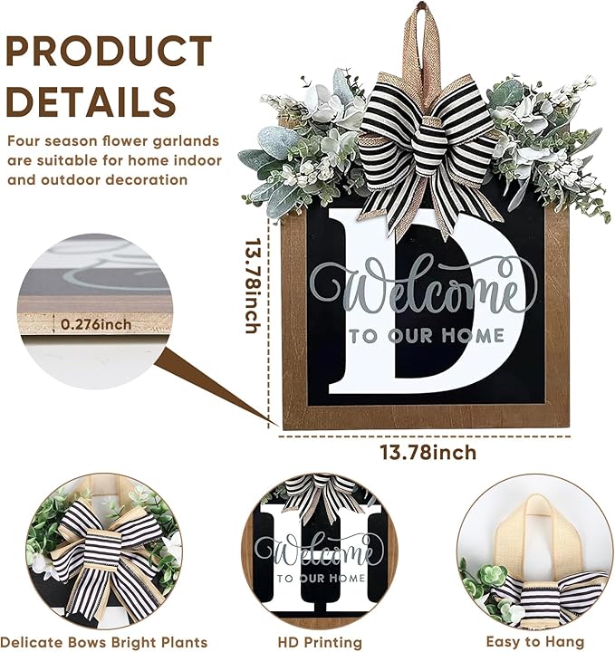 Ultra Large 14'' Last Name All Year Round Front Door Wreath with 26 Initial Letter Welcome Sign All Seasons Eucalyptus Garland and Bow Wreaths for Front Door Porch Farmhouse Decoration (D)