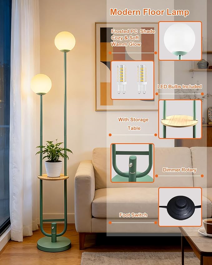 Lightdot 63IN Green Floor Lamp with U Pole, 2 Globe Mid Century Standing Lamps with Bulbs Included, Unique Vintage Dimmable Tall Floor Lamp for Living Room/Wedding/Party/Sofa Beside/Corner Decor